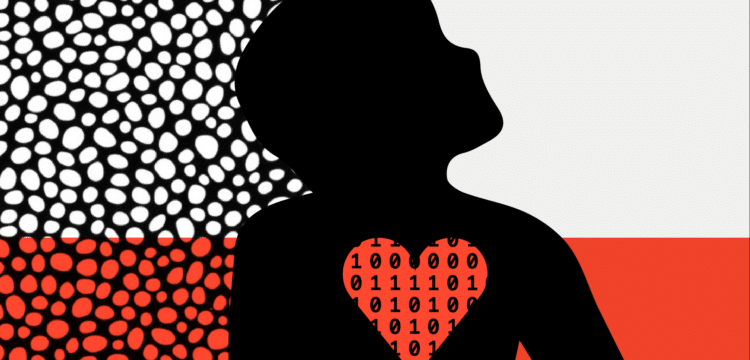 A patient silhouette with data and AI motifs.