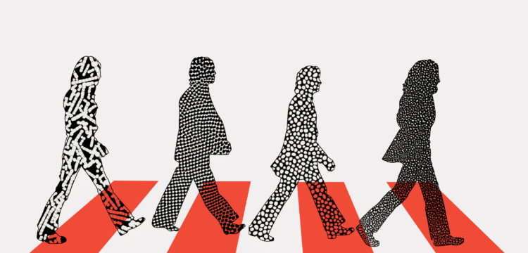 A silhouette of the famous Beatles photo walking across Abbey Road, with AI and biology art themes.